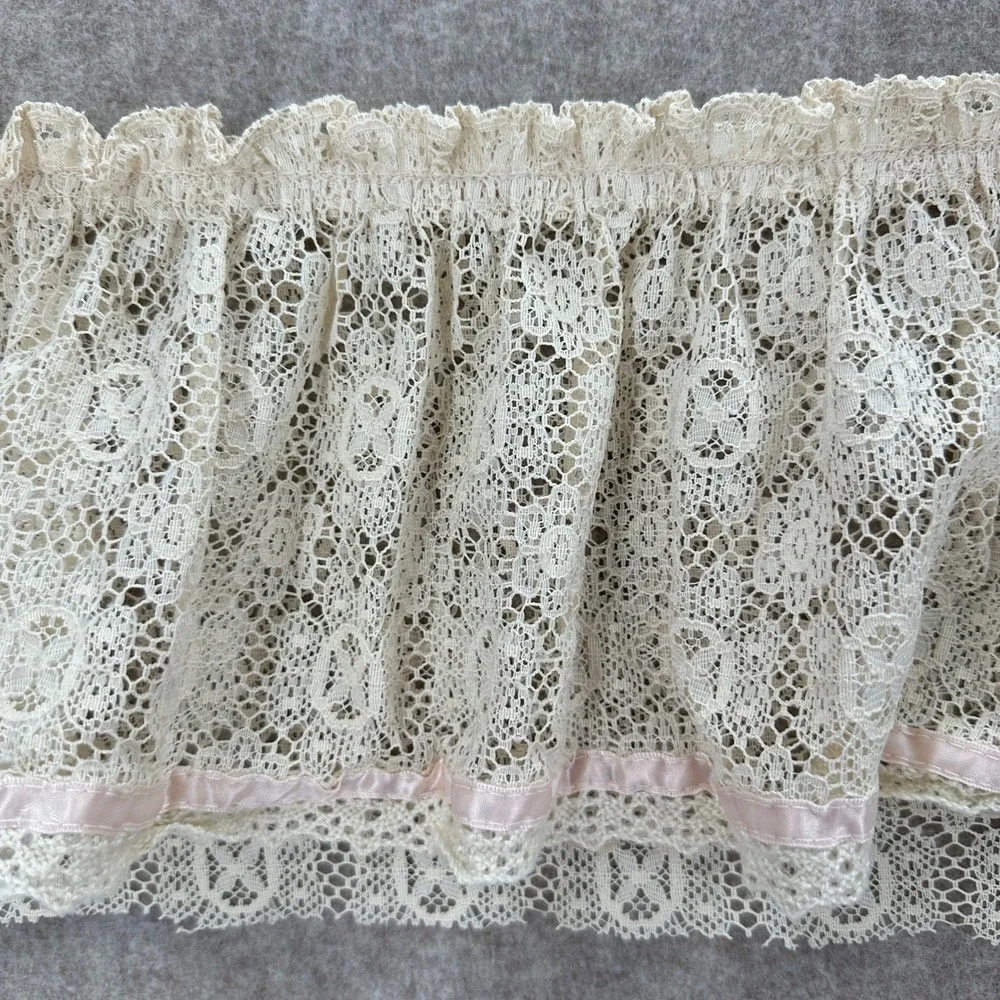 VTG‎ Cream Floral Lace Ruffle Trim Pink Ribbon Accent 6 Inch Wide Craft 4 Yards